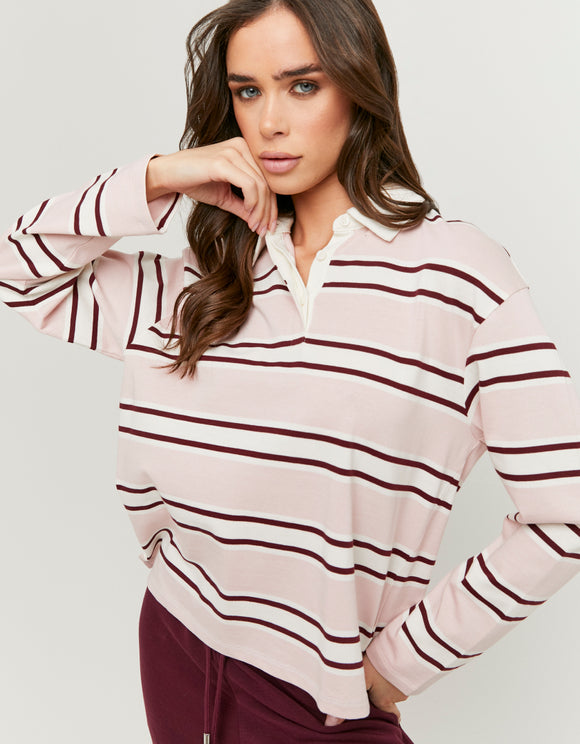 Tally Weijl pink and white striped long sleeve T-shirt with collar, worn by model, close front view
