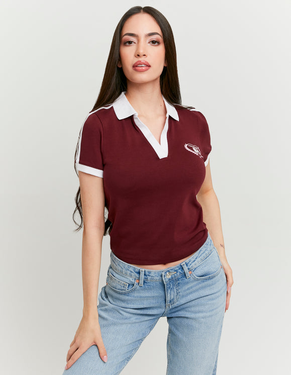 Tally Weijl burgundy printed polo T-shirt worn by model, front view