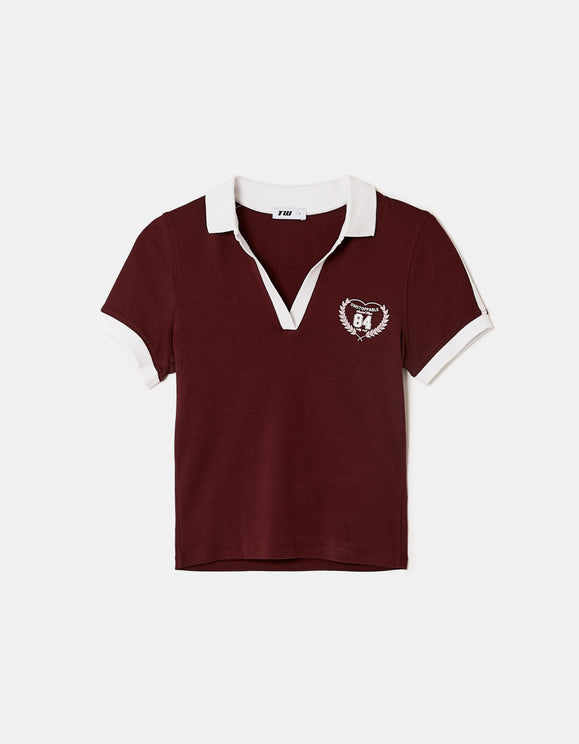 Tally Weijl burgundy printed polo T-shirt front view with white collar and chest print