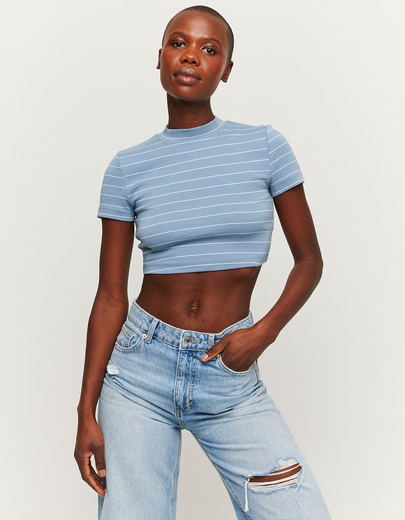 Ladies Cropped Blue/White Striped Top-Model Front View