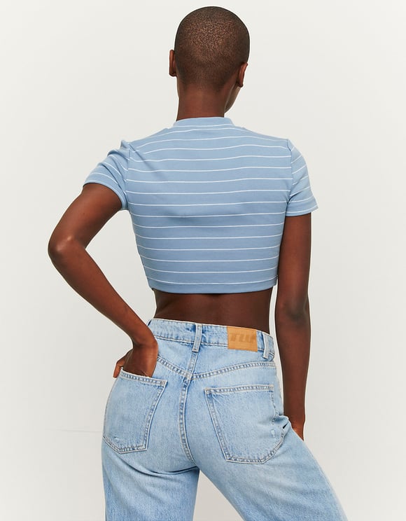 Ladies Cropped Blue/White Striped Top-Model Back Videw