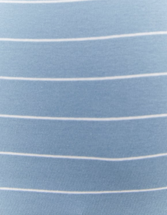 Ladies Cropped Blue/White Striped Top-Close Up View