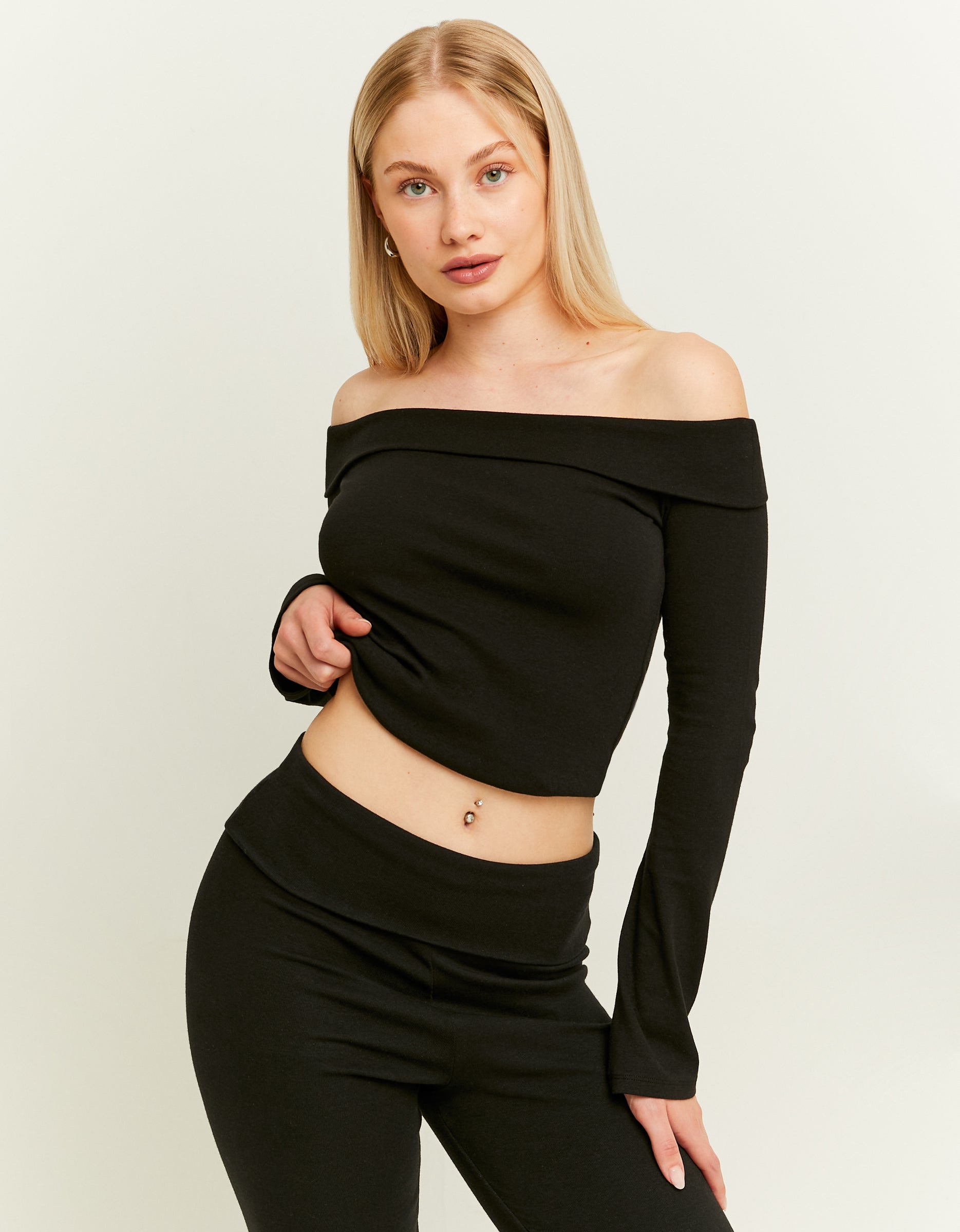 Ladies Off Shoulder Fitted Black Top-Model Front View