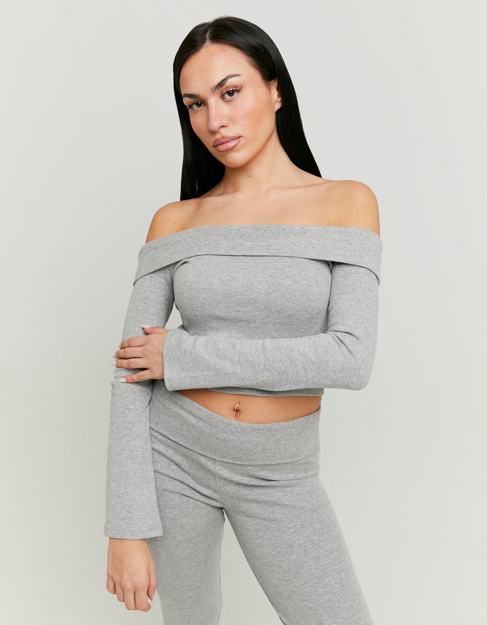 Ladies Off Shoulder Fitted Grey Top-Model Front View