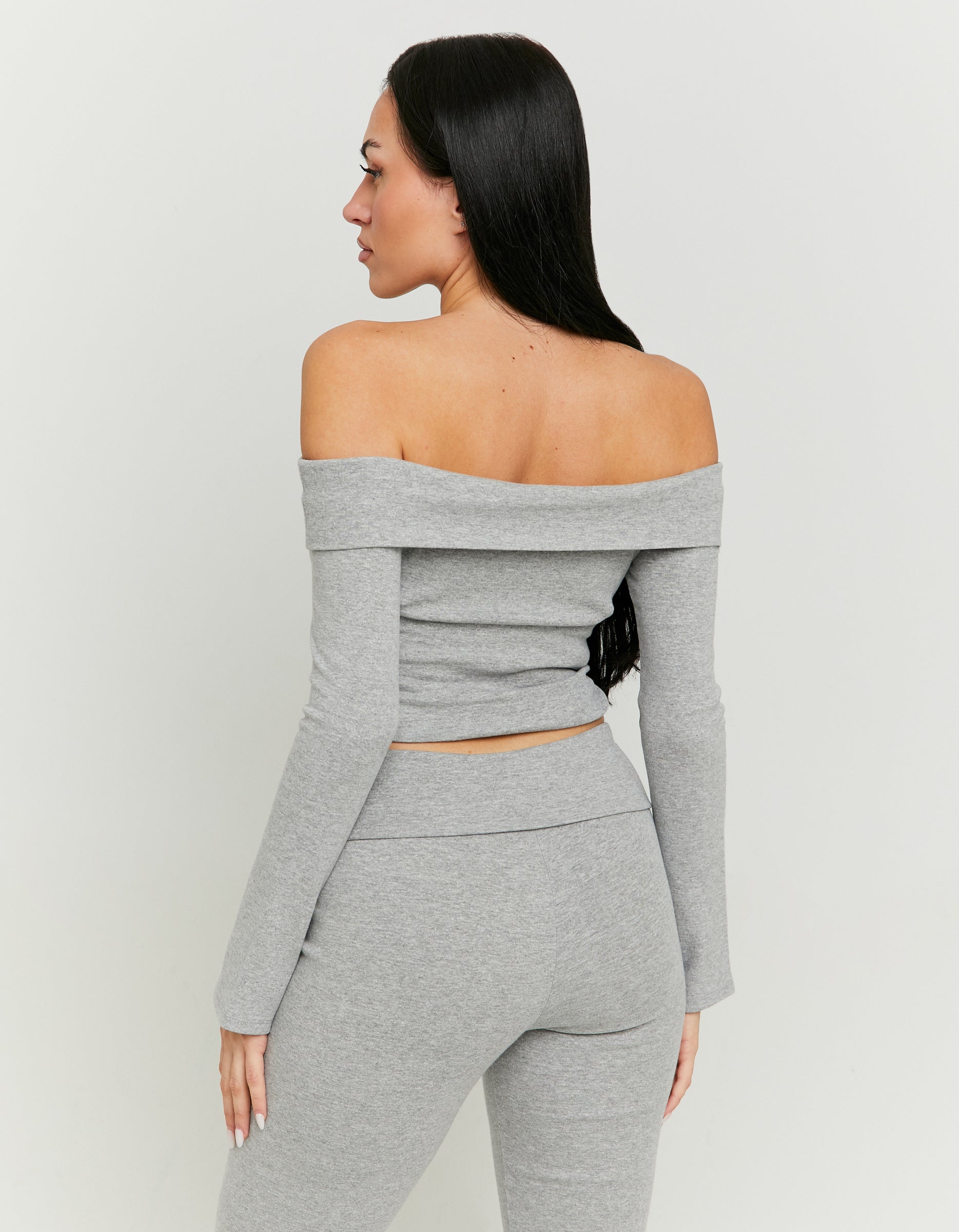 Ladies Off Shoulder Fitted Grey Top-Model Back View