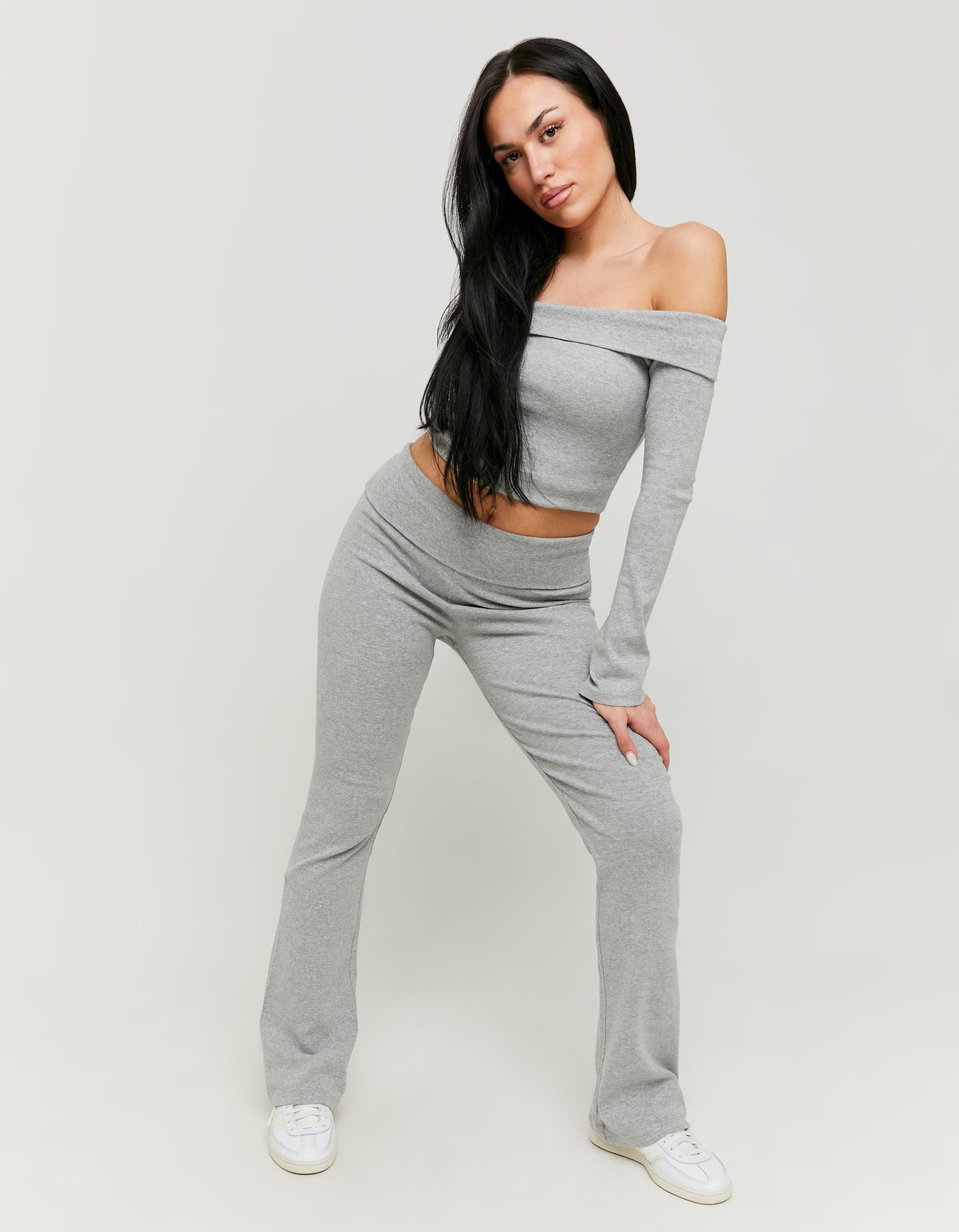 Ladies Off Shoulder Fitted Grey Top-Model Full Front View