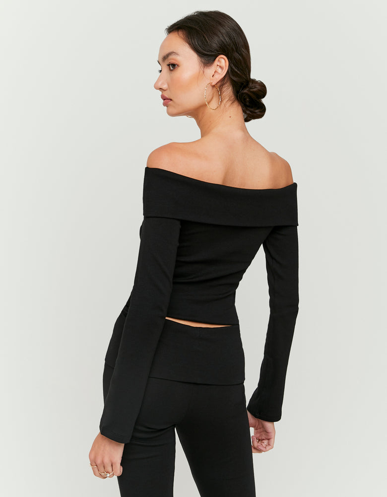 Ladies Basic Black Off Shoulder T-Shirt-Back View