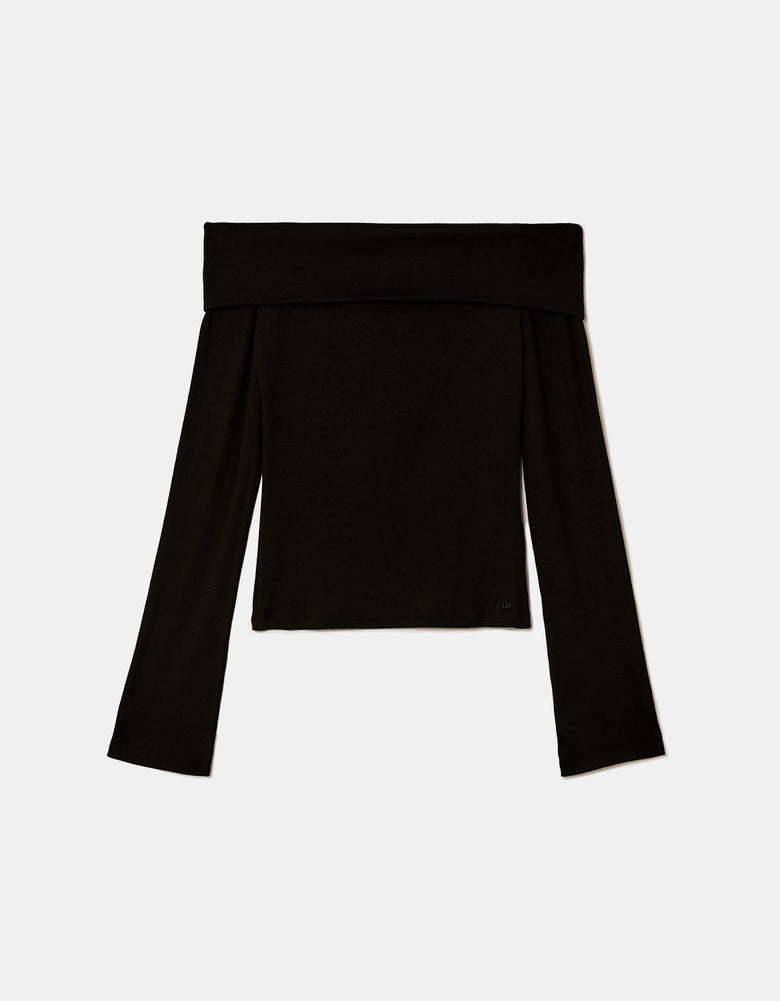 Ladies Basic Black Off Shoulder T-Shirt-Ghost Front View