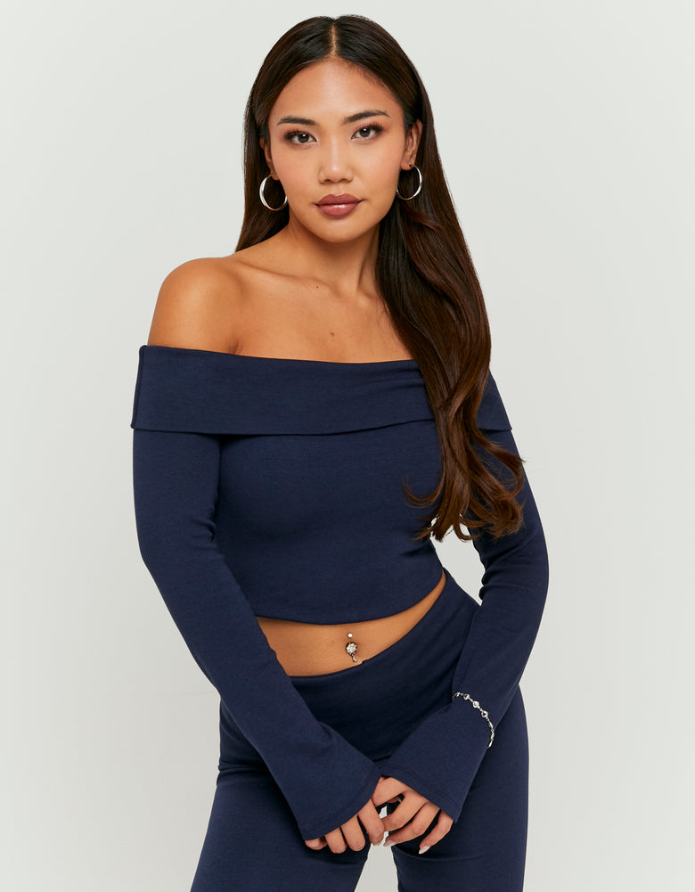 Tally Weijl Basic Blue Off Shoulder T-Shirt Blue front view