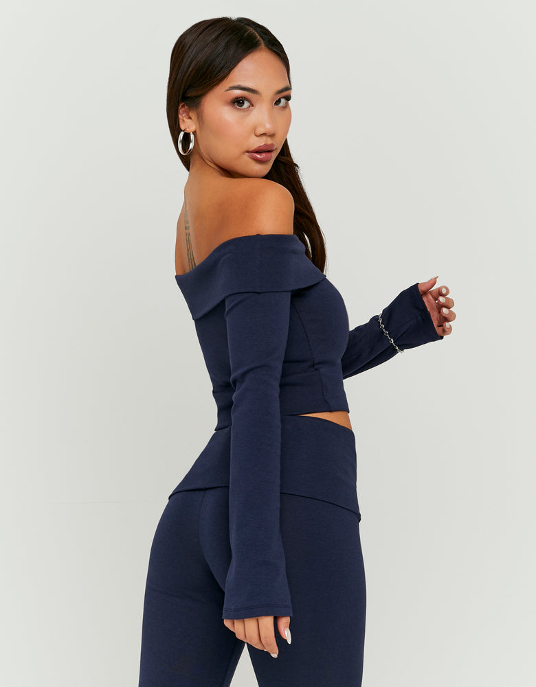 Ladies Basic Blue Off Shoulder T-Shirt-Back View