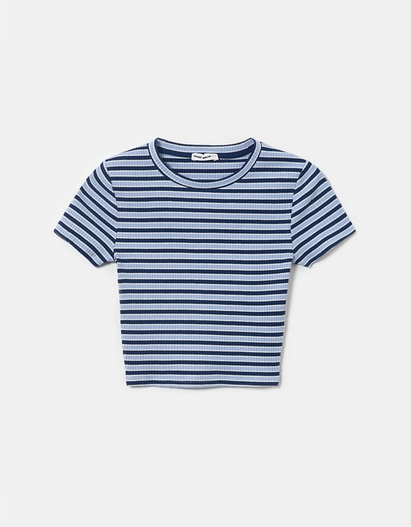 Ladies Short Blue Striped T-Shirt-Ghost Front View