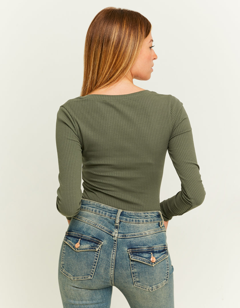 Ladies Ribbed Green Long Sleeve T-Shirt-Model Back View