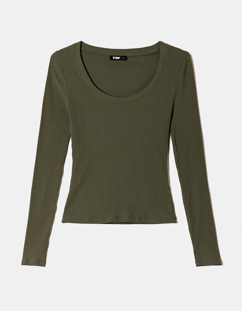 Ladies Ribbed Green Long Sleeve T-Shirt-Ghost Front View