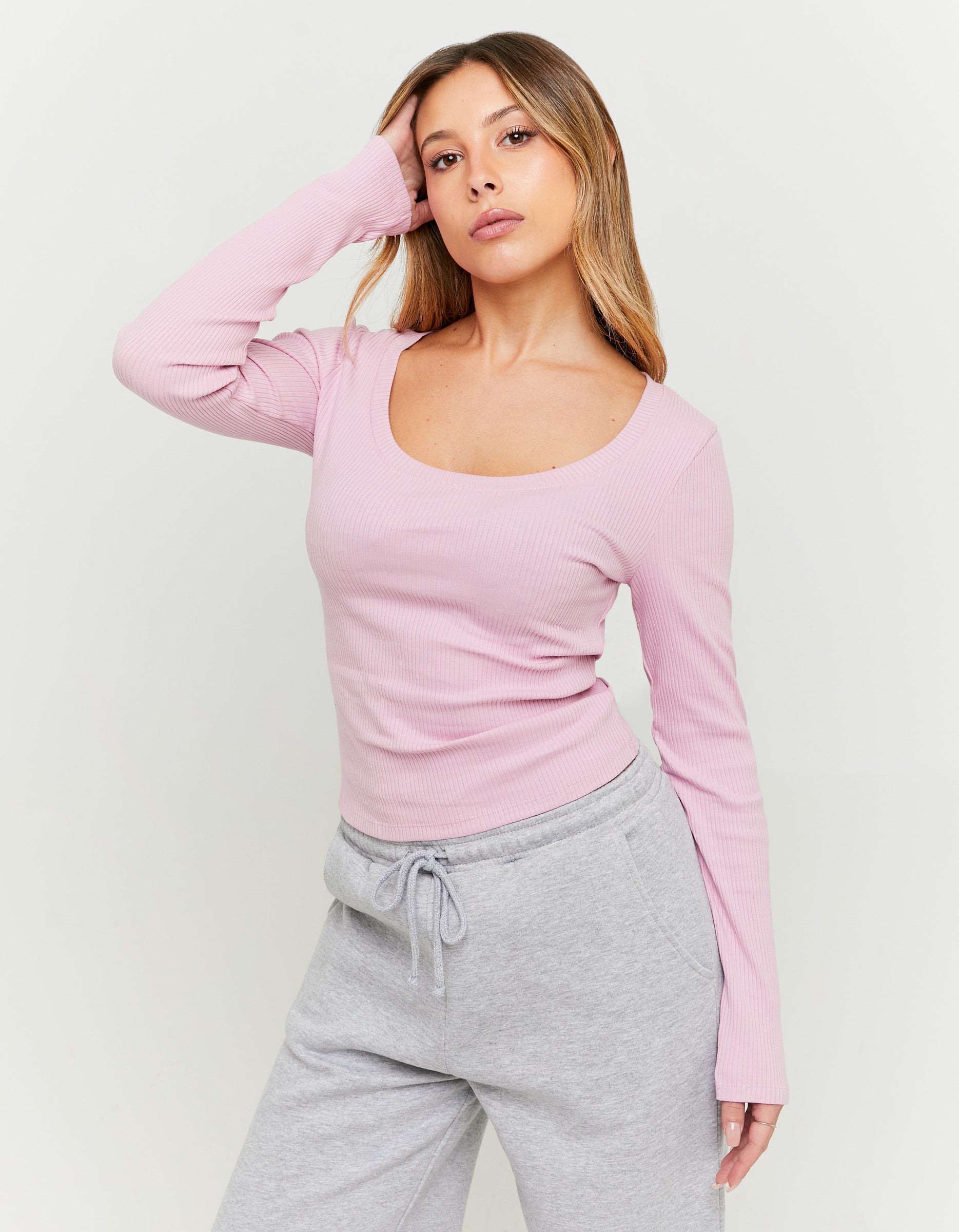 Ladies Pink Ribbed Basic Long Sleeve T-Shirt-Model Front View