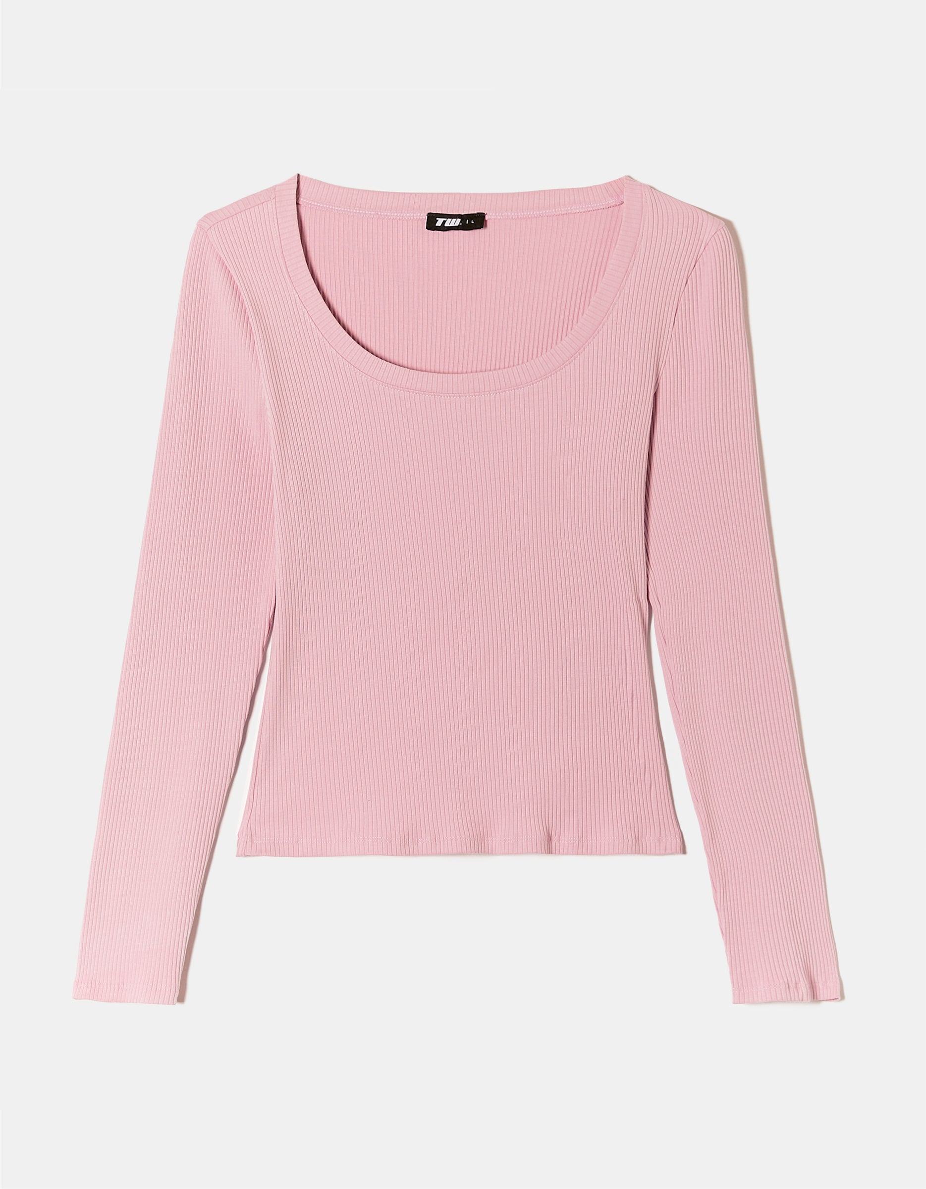 Ladies Pink Ribbed Basic Long Sleeve T-Shirt-Ghost Front View