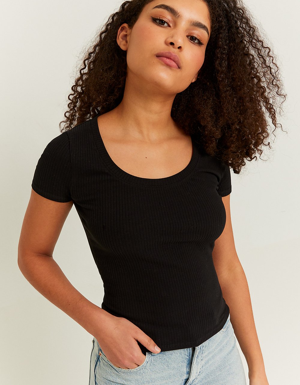 Ladies Black Basic Regular Fit T-Shirt-Closer View of Front