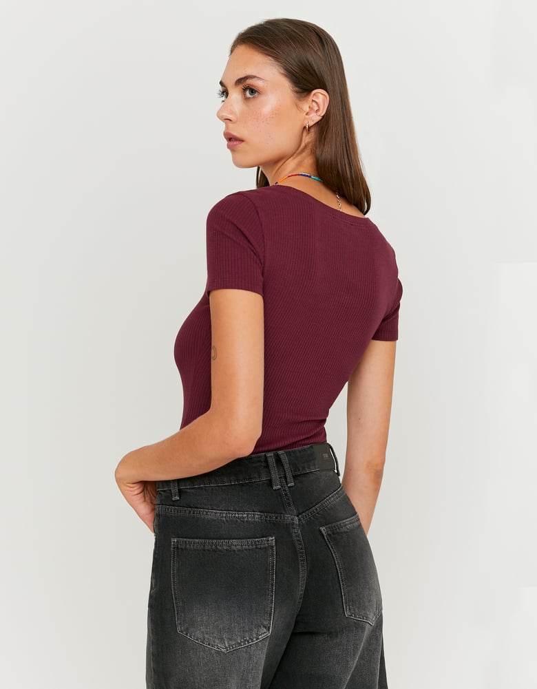 Ladies Burgundy Basic Regular Fit T-Shirt-Model Back View