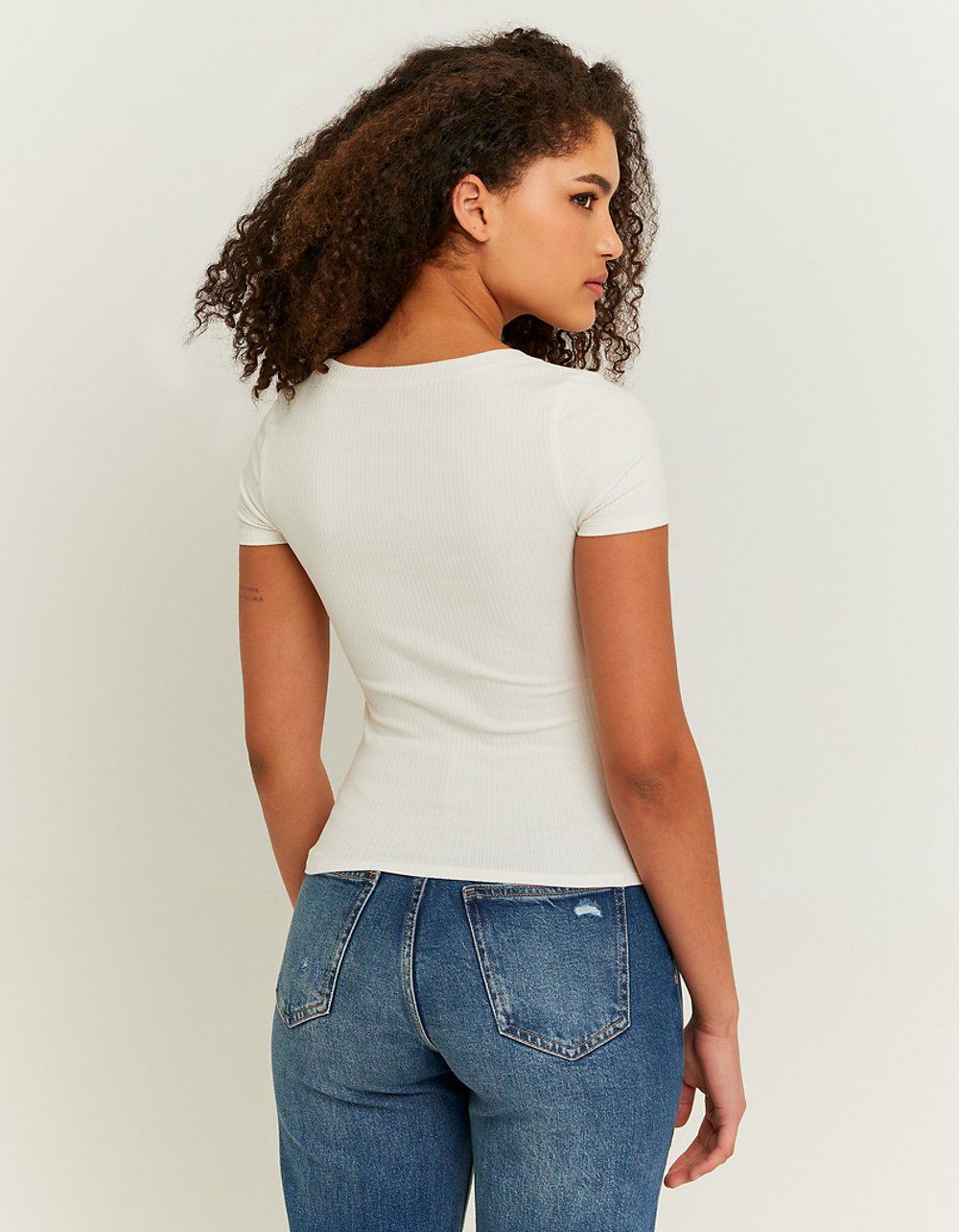 Ladies White Basic Regular Fit T-Shirt-Model Back View