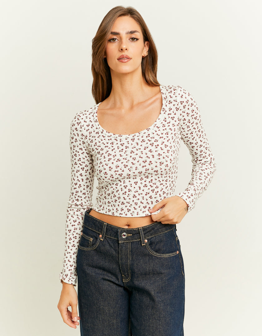 Ladies Basic Floral Long Sleeve T-Shirt-Model Front View
