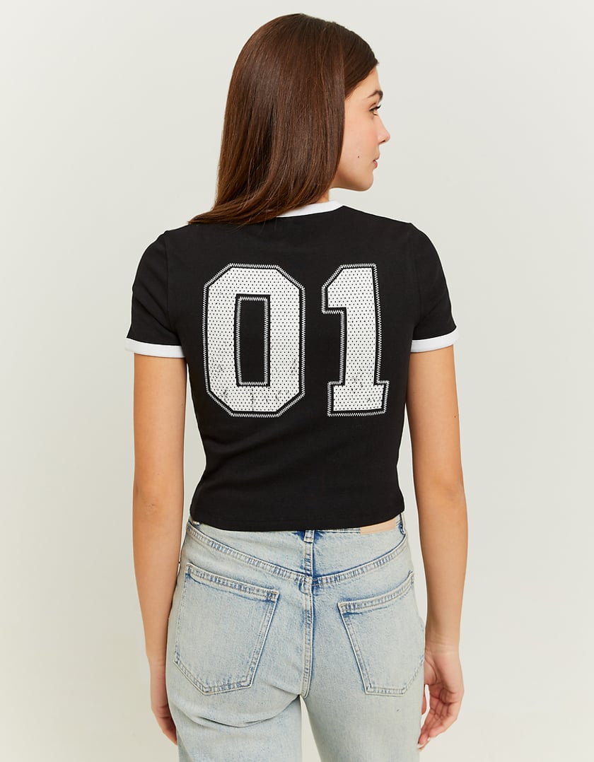 Ladies Black T-Shirt With Varsity Print-Model Back View