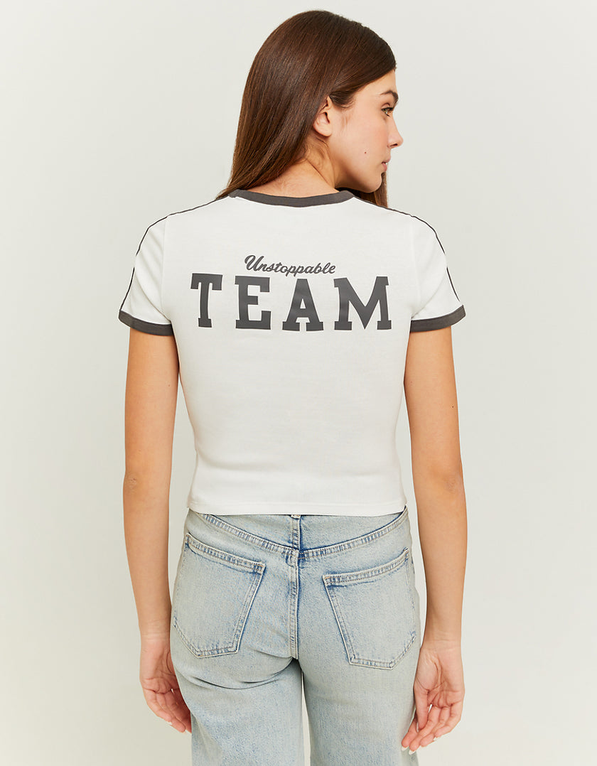 Ladies White T-Shirt With Varsity Print-Model Back View