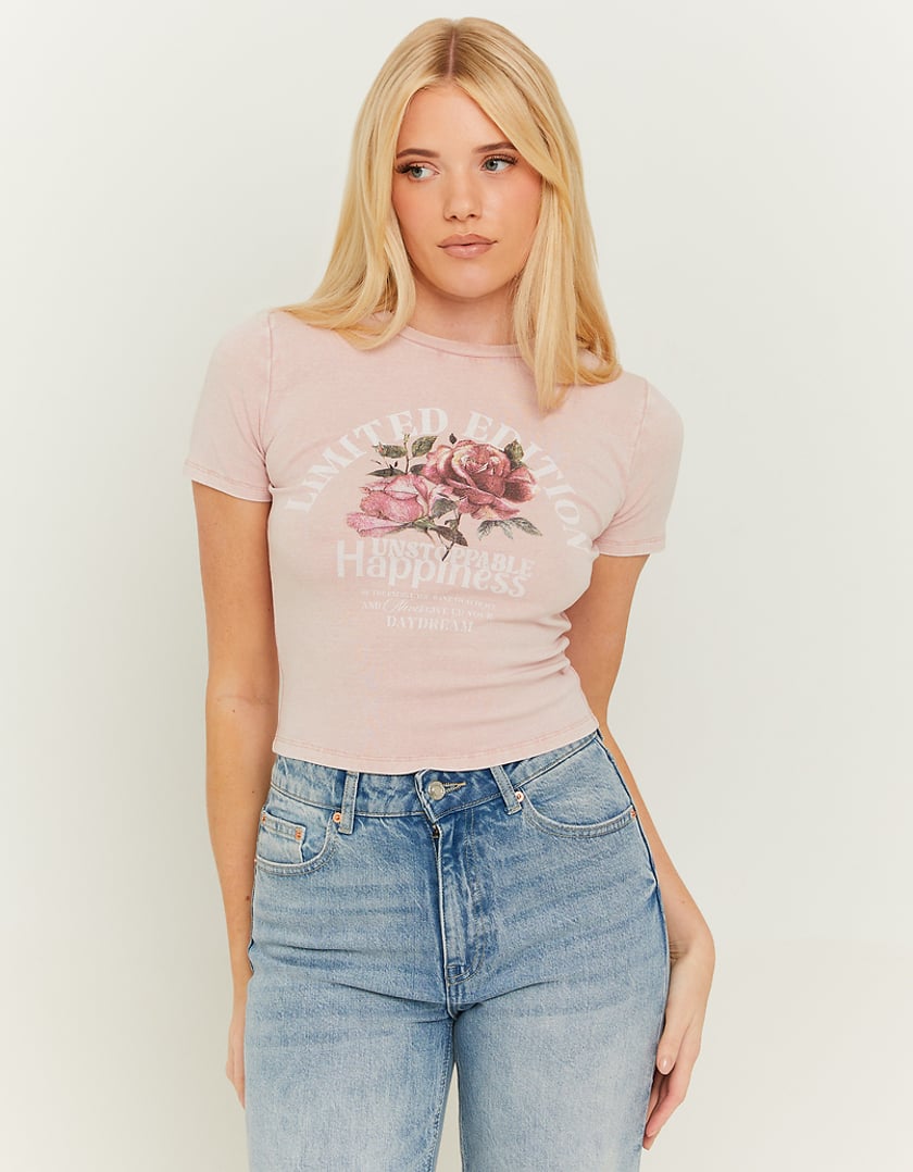Ladies Pink Acid Wash Printed T-Shirt-Model Front View