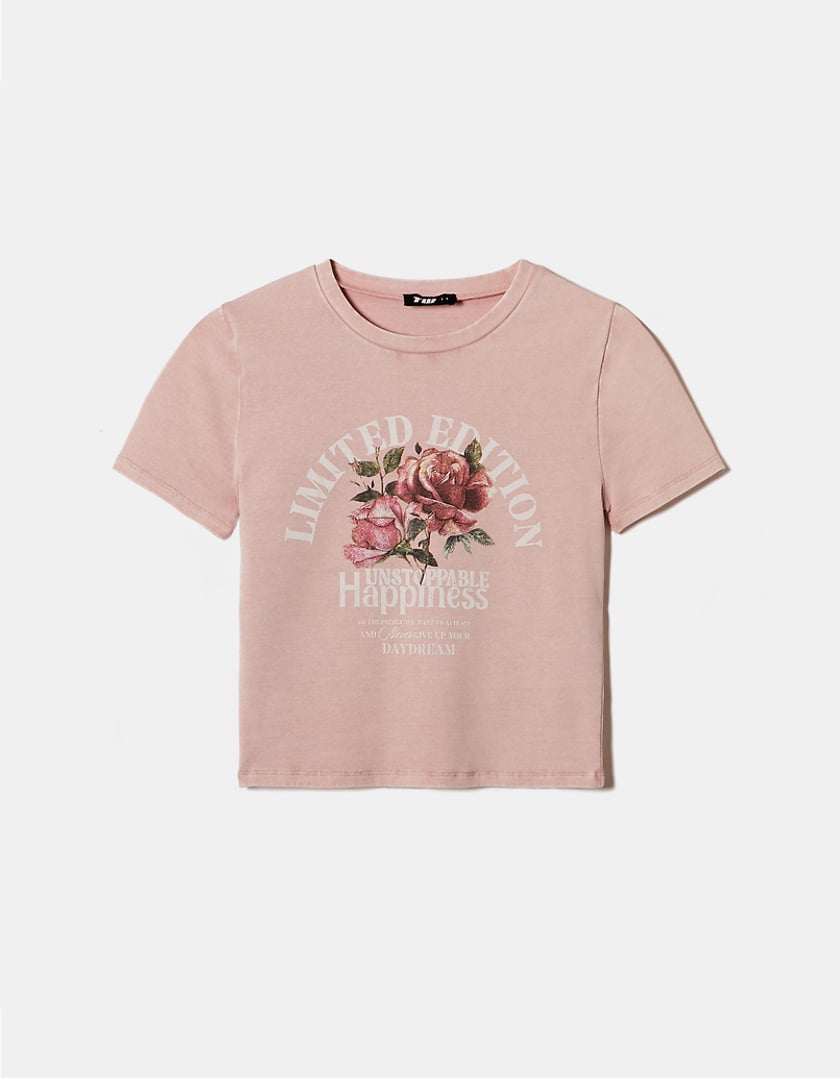 Ladies Pink Acid Wash Printed T-Shirt-Front View
