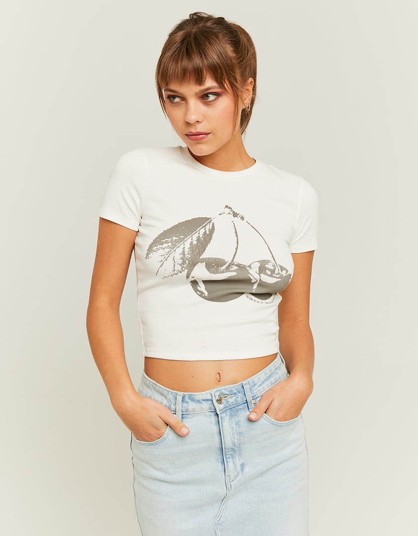Ladies White Cherry/Leaf Printed T-Shirt-Model Front View
