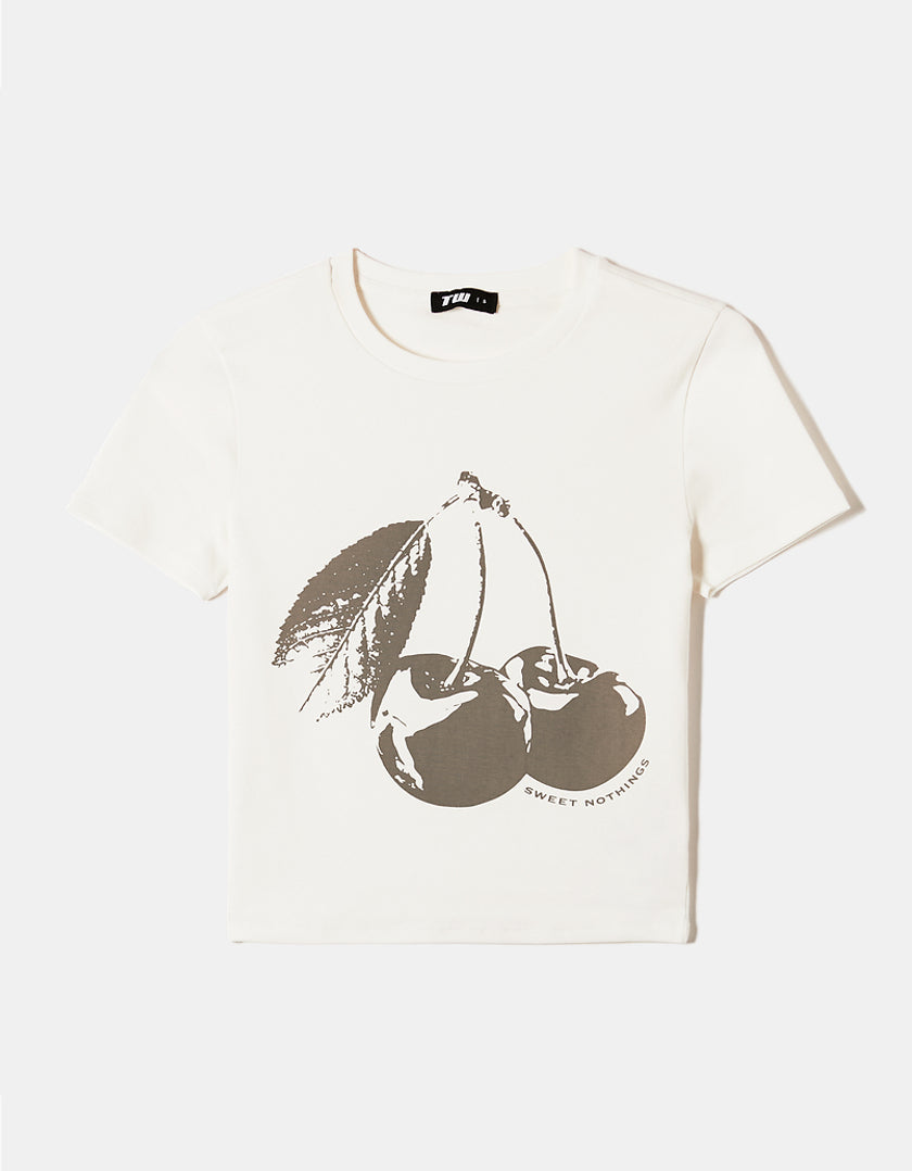 Ladies White Cherry/Leaf Printed T-Shirt-Front View