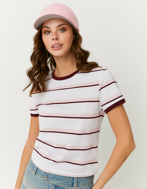 Tally Weijl White Striped Basic T shirt White/Burgundy, front view on model