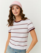 Tally Weijl White Striped Basic T shirt White/Burgundy model front view