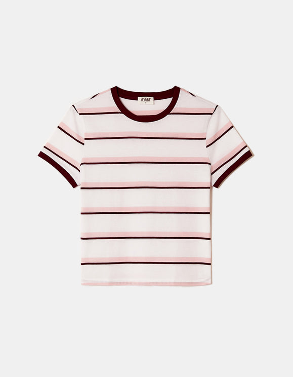Tally Weijl White Striped Basic T shirt White/Burgundy, front flat lay view