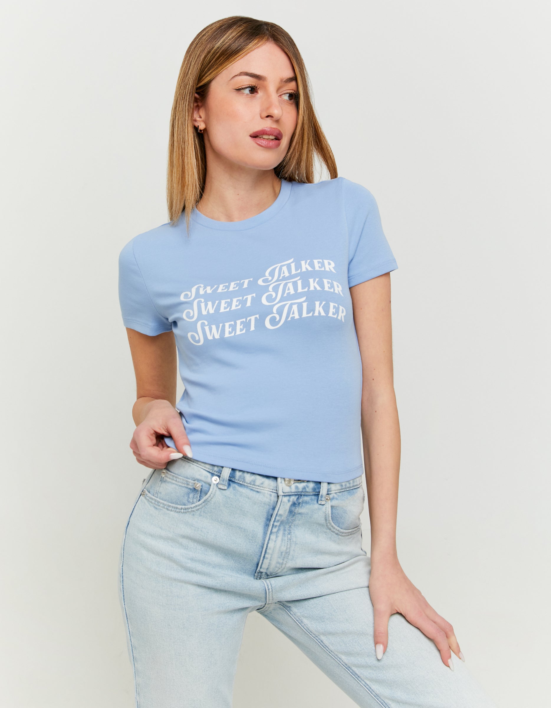 Ladies Blue Sweet Talker Print T-Shirt-Model Front View