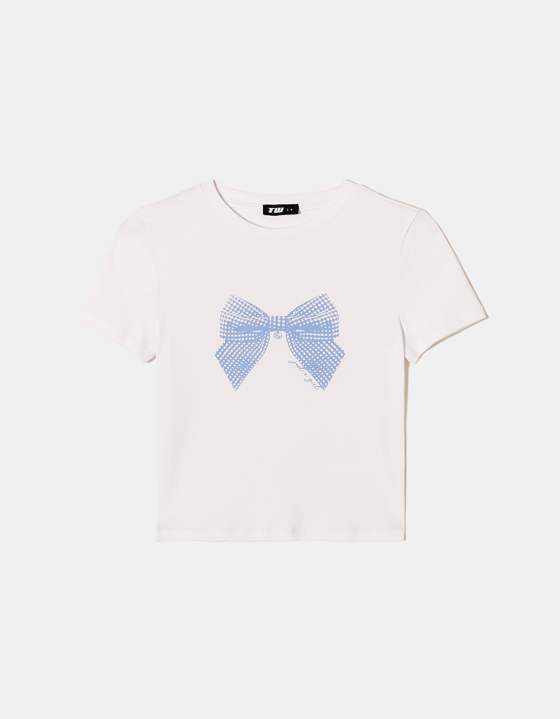 Ladies White Bow Print T-Shirt-Ghost Front View