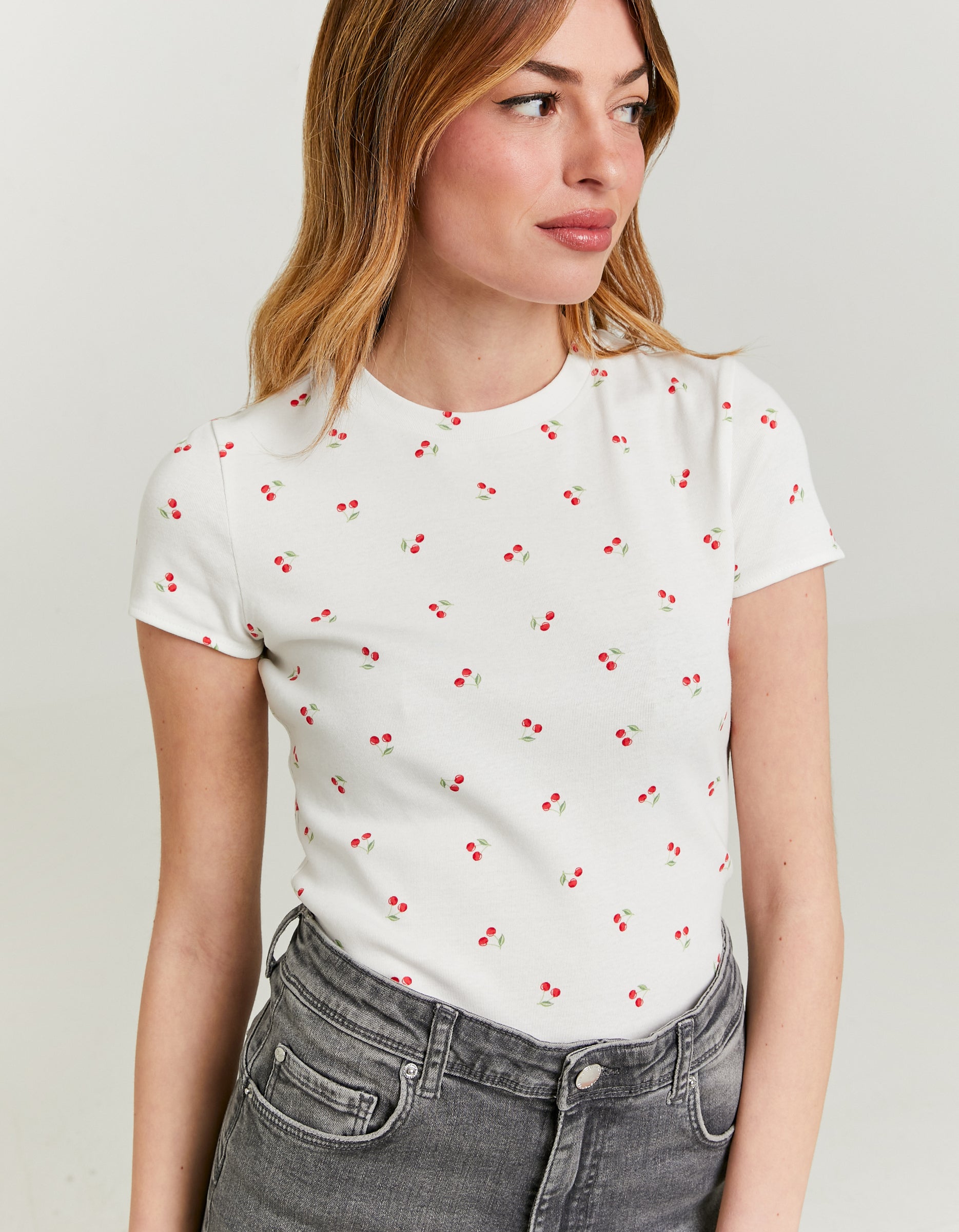 Ladies Floral Basic T-Shirt-Model Front View