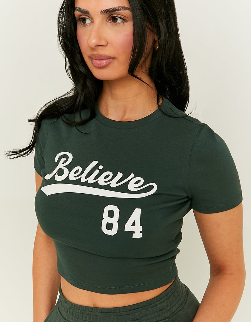 Ladies Green Cropped Believe 84 Printed T-Shirt-Closer View of Front