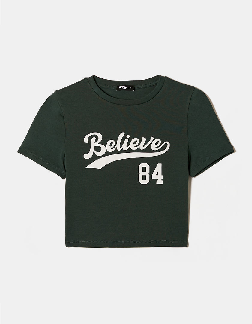 Ladies Green Cropped Believe 84 Printed T-Shirt-Front View