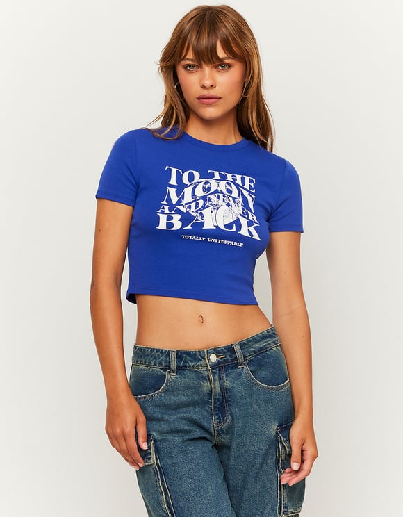 Ladies Printed Cropped Blue Cropped T-Shirt-Front View