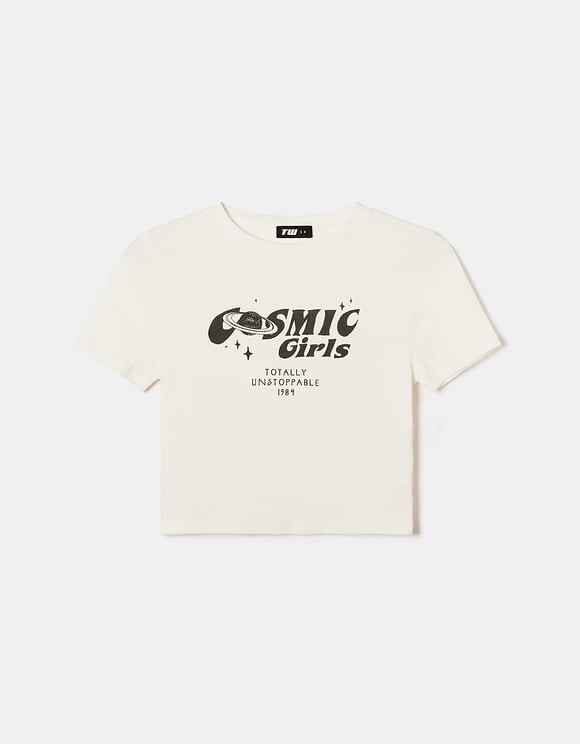 Ladies Printed Cropped Cosmic Girls T-Shirt-Front View