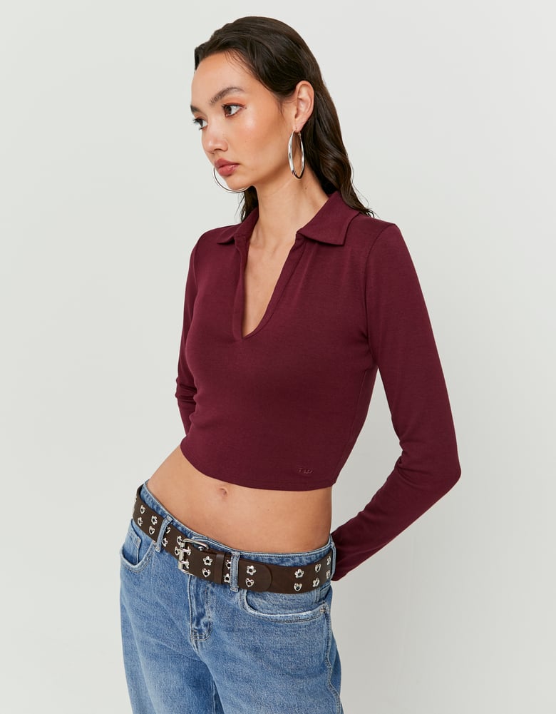 Tally Weijl Basic Burgundy Long Sleeve T-Shirt Burgundy model front view