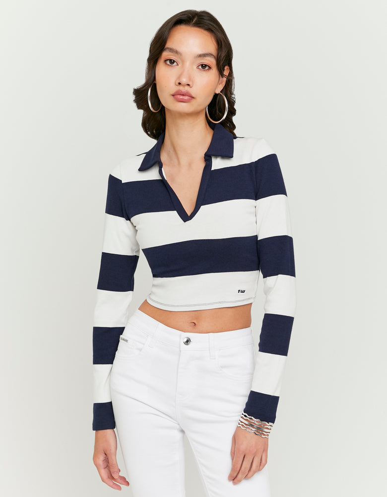 Ladies Striped Navy/White T-Shirt With Long Sleeves-Closer View of the Front