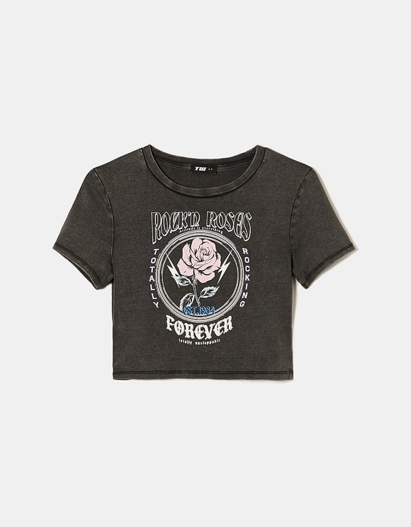 Ladies Rock'N Roses Printed Cropped T-Shirt-Front View