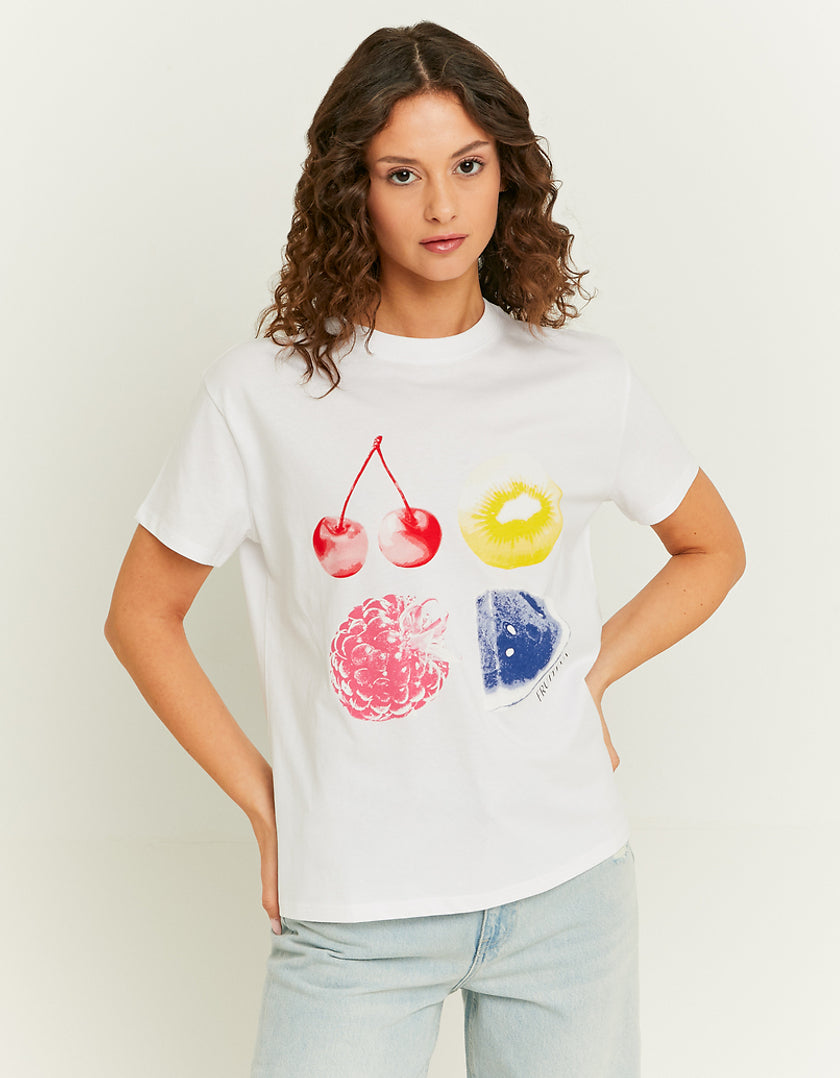 Ladies White Oversized Print T-Shirt-Model Front View