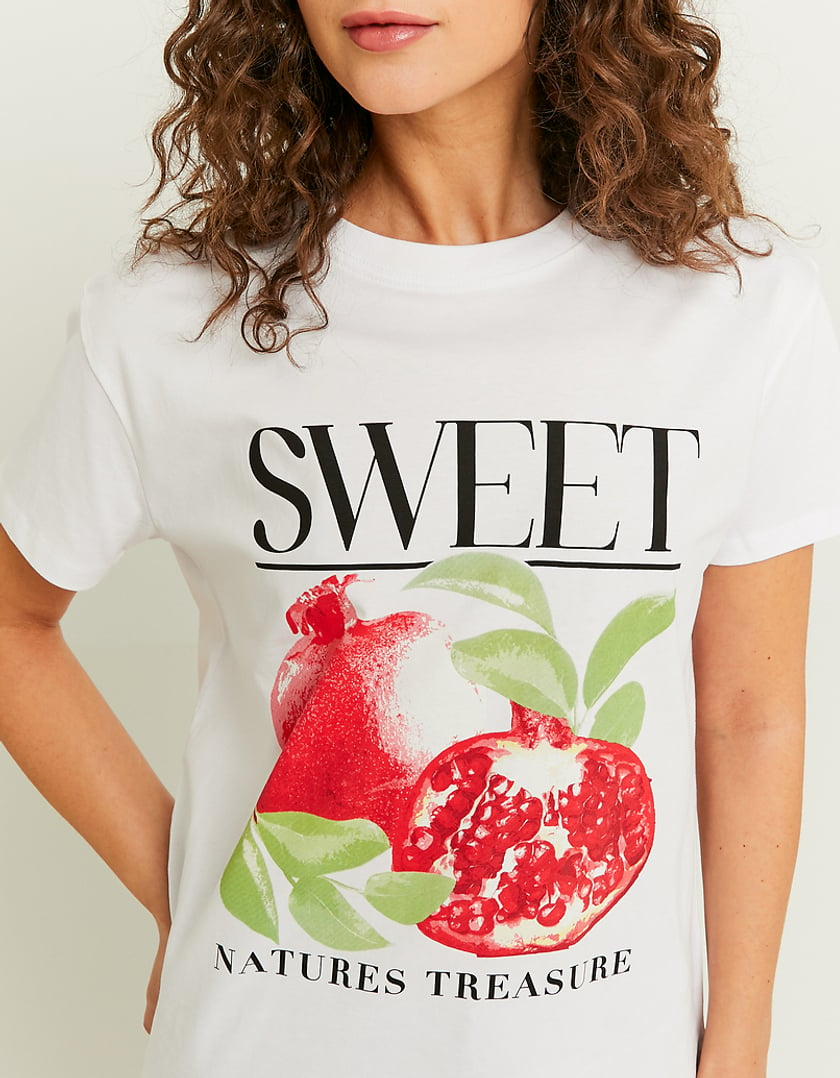 Ladies White Sweet Natures Treasure Print T-Shirt-Close View of Front