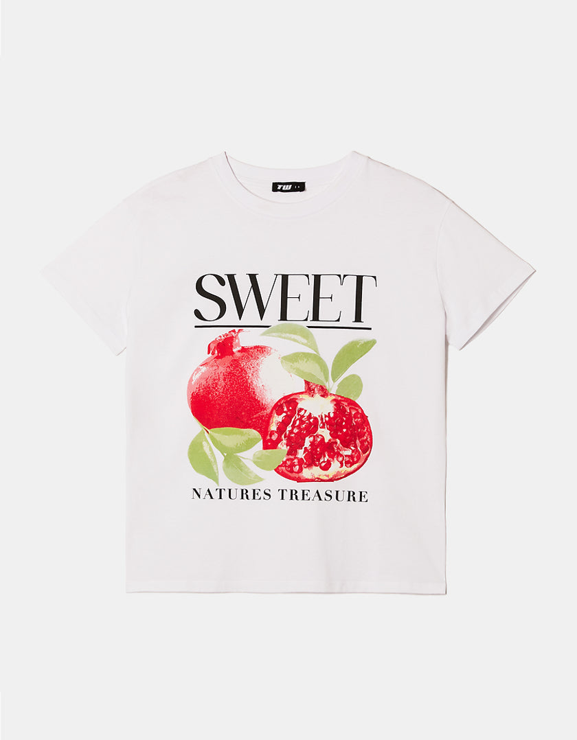 Ladies White Sweet Natures Treasure Print T-Shirt-Front View