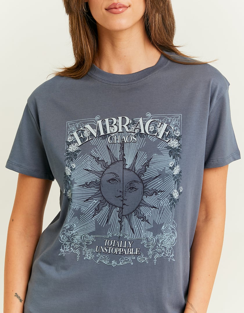 Ladies Blue Embrace Chaos Printed T-Shirt-Closer View of Front