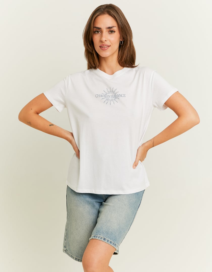 Ladies White Chaos In Balance Printed T-Shirt-Model Full Front View