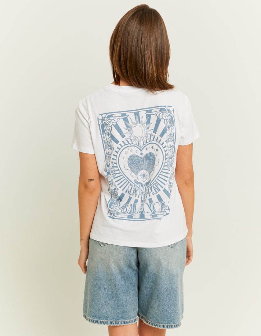 Ladies White Chaos In Balance Printed T-Shirt-Model Back View