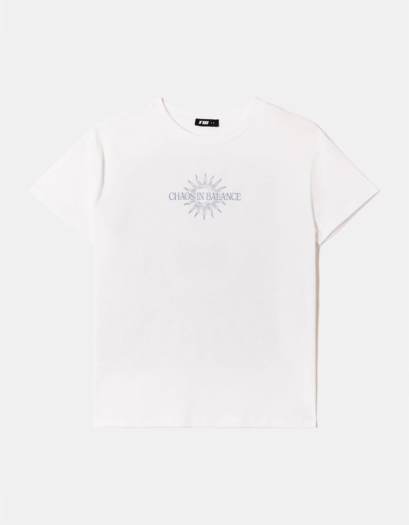 Ladies White Chaos In Balance Printed T-Shirt-Front View