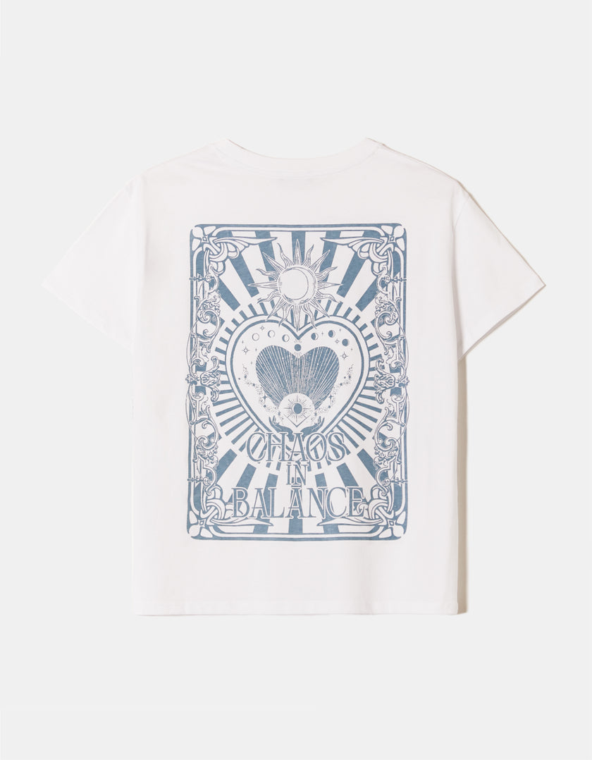 Ladies White Chaos In Balance Printed T-Shirt-Back View